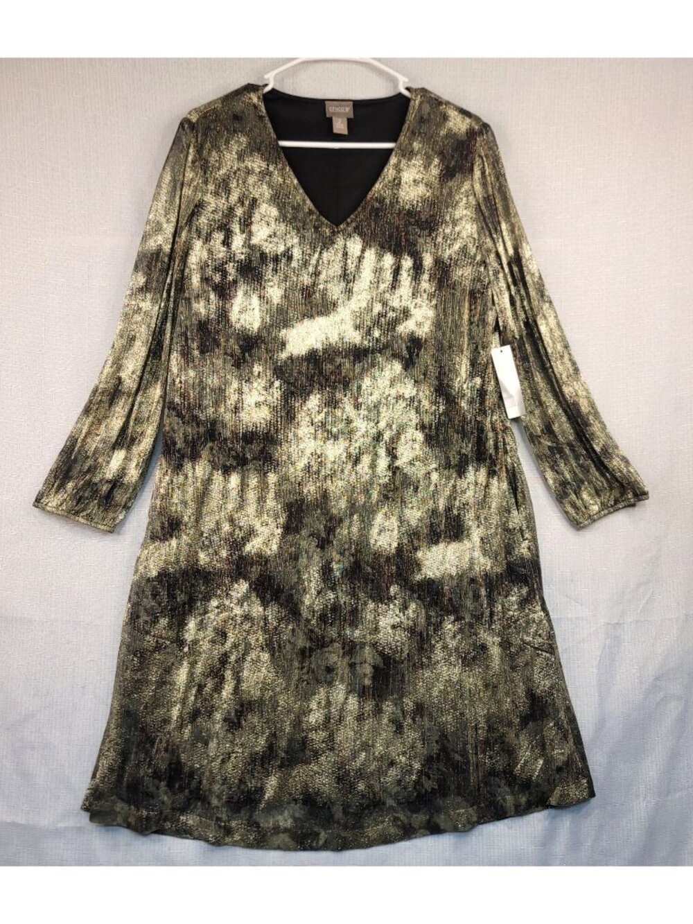 Chicos Shimmer Floral V Neck Dress Large Gold Gala Glam Formal Evening Festive